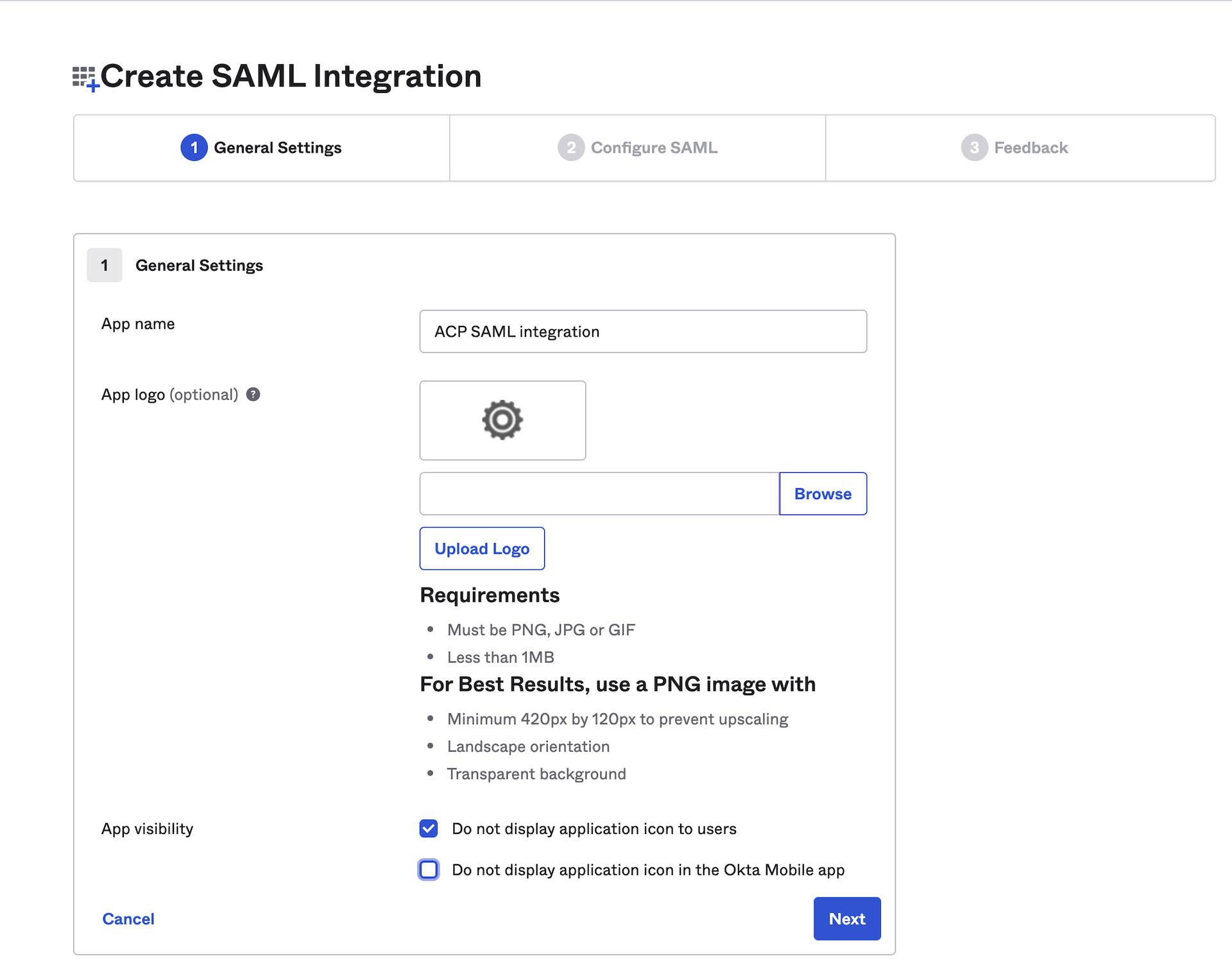 Creating new app integration with SAML